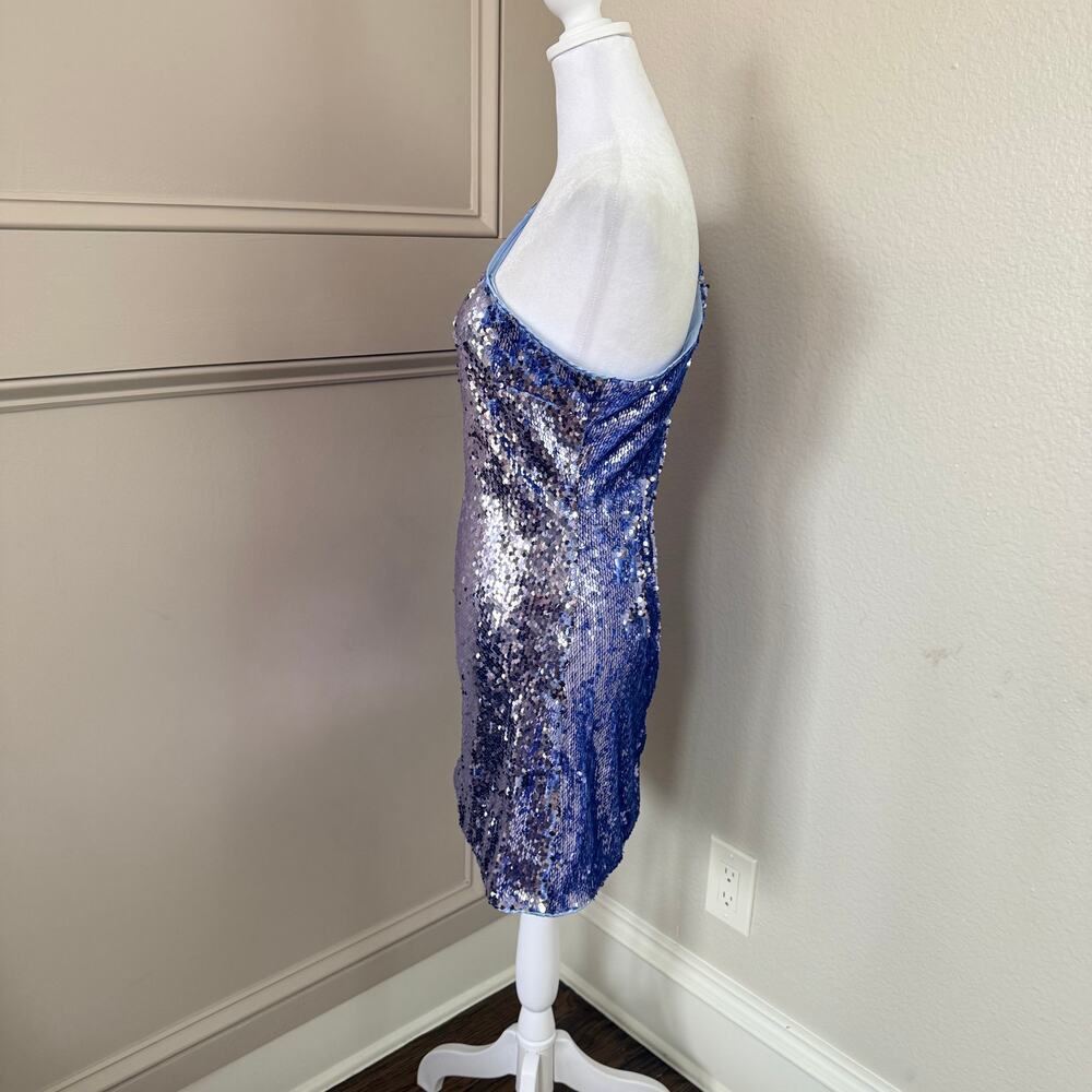 Bardot Blue Sequin One Shoulder Mini Dress Long Sleeve Size S US 4 - Picture 4 of 9